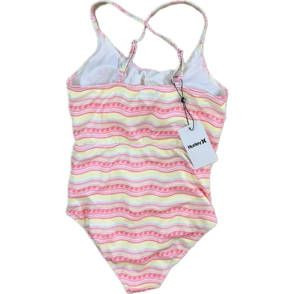 NWT Hurley Girls Pink Flamingo Wavy Stripe Cut Out One Piece Swimsuit Size 14